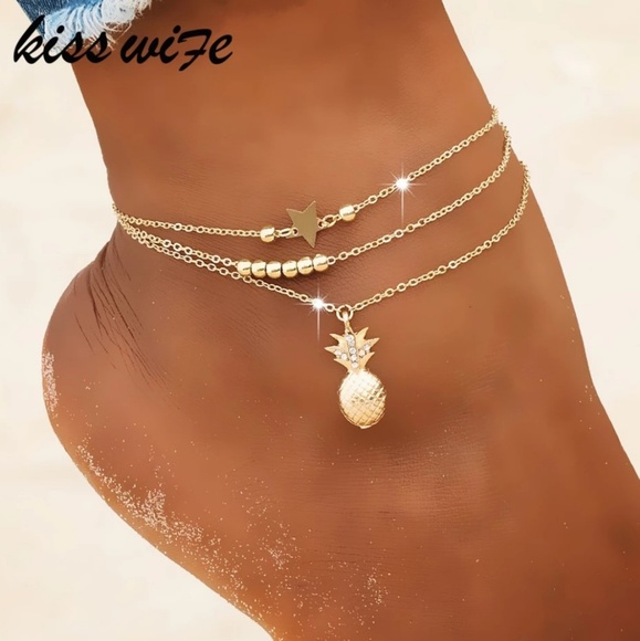 Pineapple Crystals and Beads 2 Piece Anklet Set Jewelry - Pineapple Crystals Beads Star 2 Piece Anklet Set